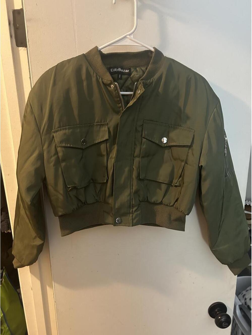 Brand new Eilly Bazar cropped olive green utility bomber jacket size S